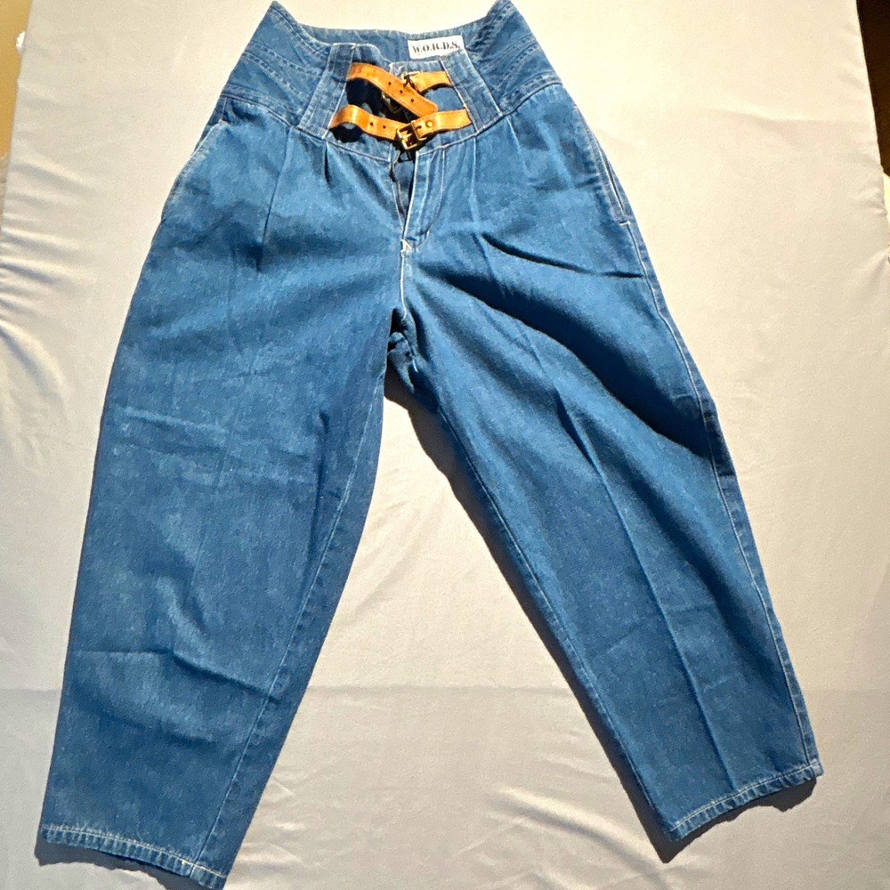 Vintage WORDS High Waisted Buckle Front Tapered Leg Denim Jeans Blue Size 3